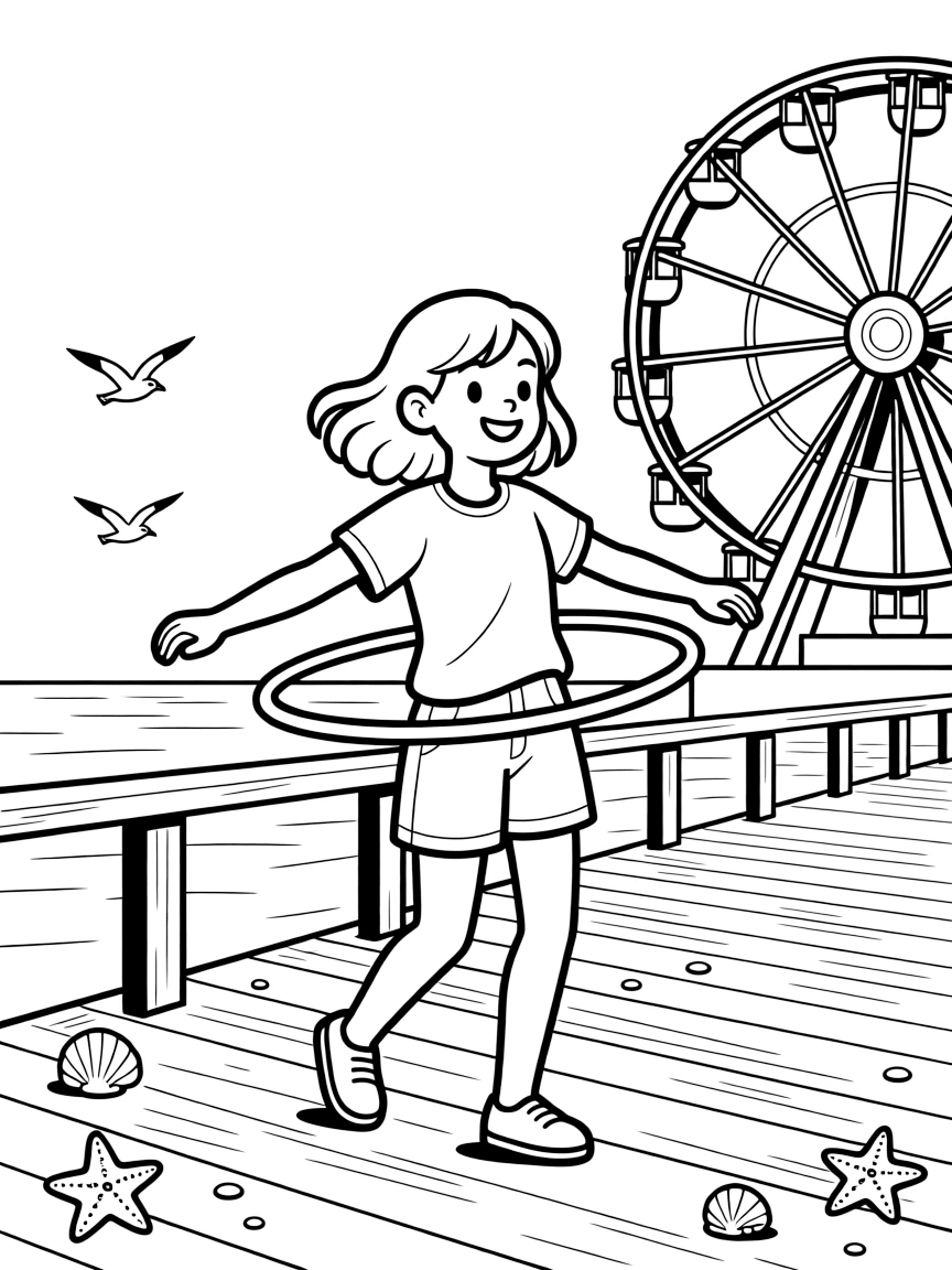 A confident preteen girl spinning a hula hoop alone on a seaside boardwalk, deeply focused, while a ferris wheel spins in the distance.