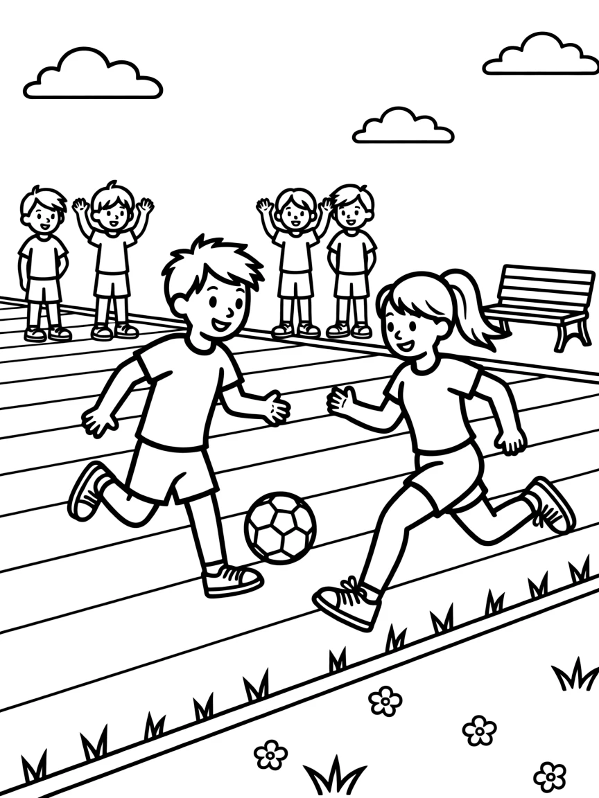 A team of neighborhood kids, passing the ball to a teammate sprinting along the sideline of a striped grass pitch.