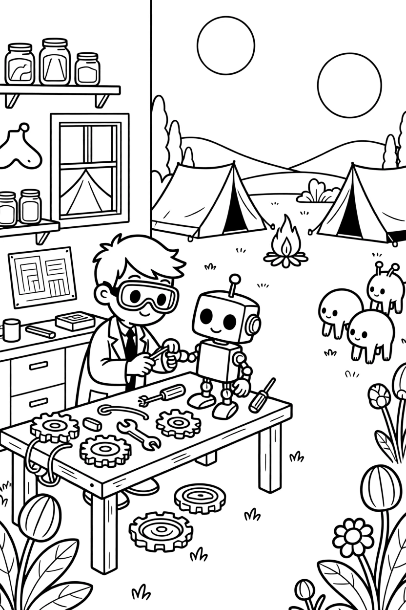 Quibble, a curious alien scientist building a robot friend from spare parts in a backyard workshop in a quiet campsite on a moon with two setting suns, as a herd of gentle six-legged alien creatures grazing nearby and a trail of glowing footprints leading into the distance fill the scene.