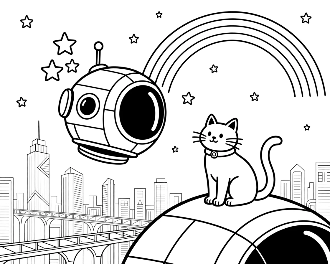 A spacewalk pod drifting near a cluster of twinkling stars is shown journeying through a gleaming futuristic city skyline with towers and skywalks, with a curious cat perched on the hood close by and a rainbow arching across the sky completing the lively scene.