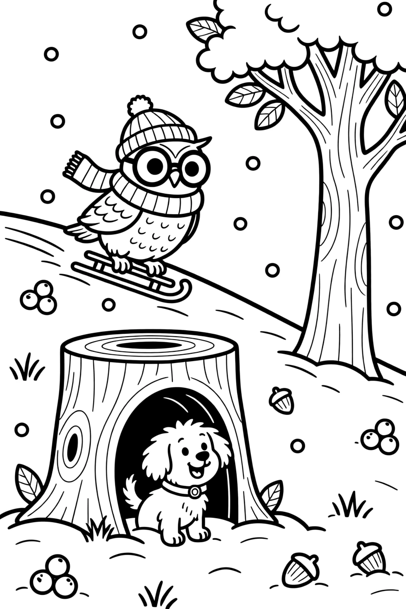 A wise old owl sledding down a snowy hill with a playful puppy inside a hollow tree trunk, near a towering oak tree, with ripe berries scattered on the ground.