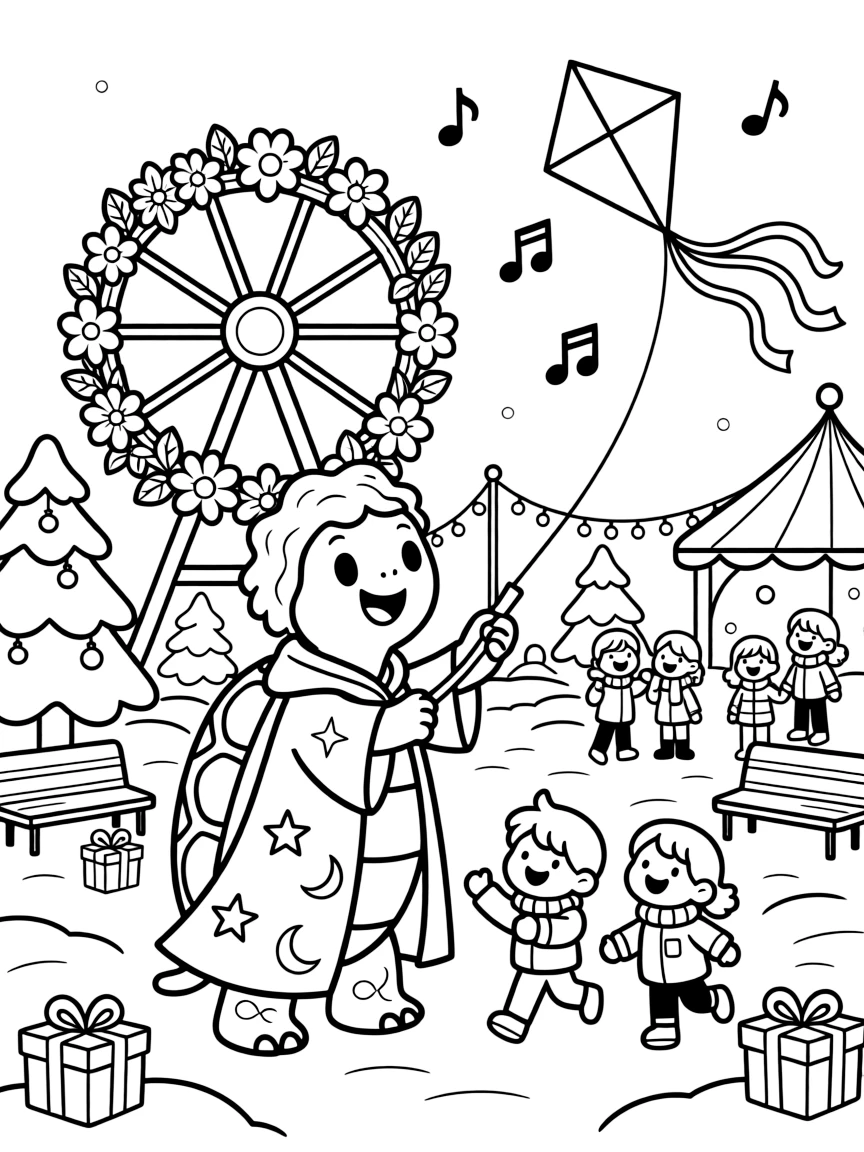 A wide-eyed wizard turtle is decorating the town square for a winter celebration at a carnival with a Ferris wheel made of flowers, joined by a kite tail fluttering with colorful ribbons and musical notes floating playfully in the air. Everyone is laughing and having the best time.