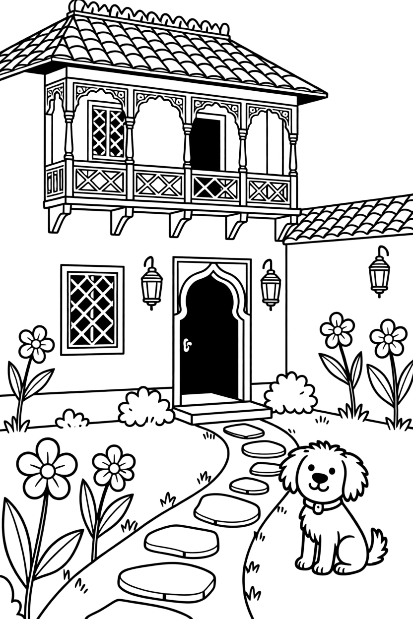 A coloring page of a charming home scene in India showing a decorated haveli house with carved wooden balconies and colorful painted walls, with a garden path, a small pet, and flowers growing along the walls.