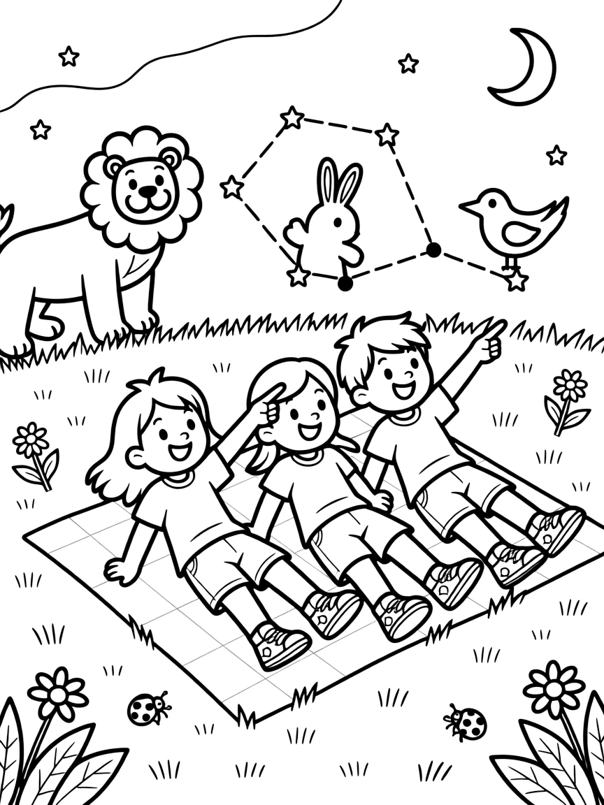 a cheerful group of three kids lies on a blanket in the grass, pointing out constellations shaped like animals.