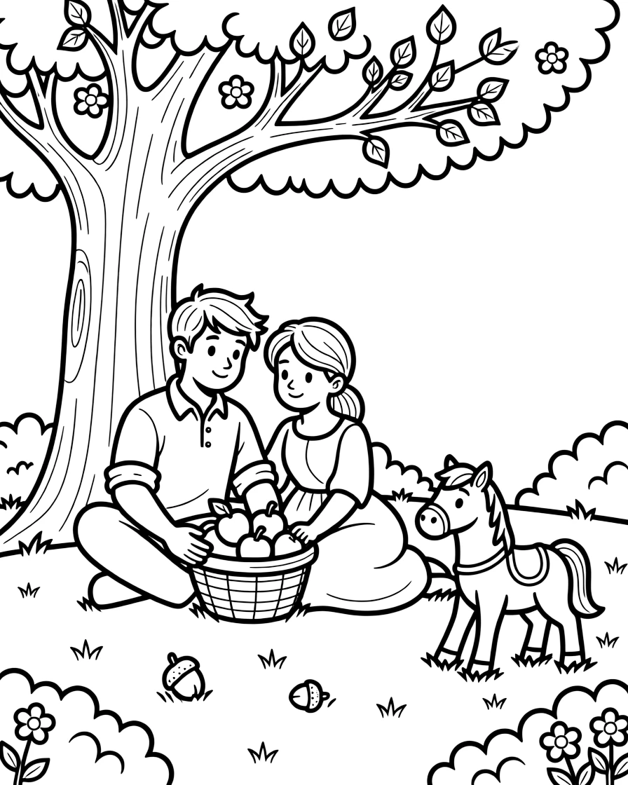 A centaur family rests beneath a giant oak, the young centaur foal playing with a wooden toy horse while parents share a basket of apples.