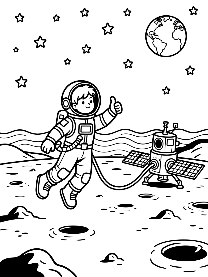 [Astronauts] a young astronaut explorer floating weightlessly near a space station on the surface of the moon, giving a confident thumbs-up, while stars fill the black sky above fills the surrounding area. A tether line connects back to the ship. Set on a crisp autumn afternoon, with heat waves shimmering in the distance, the page bursts with adventure and imagination.