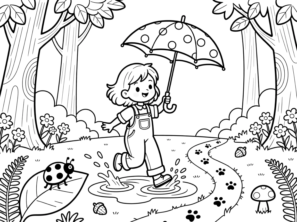 A curious girl in denim overalls is splashing through puddles with a polka-dot umbrella in a quiet clearing of an enchanted forest. a curious ladybug resting on a leaf and a trail of tiny paw prints leading away make the setting feel extra special.