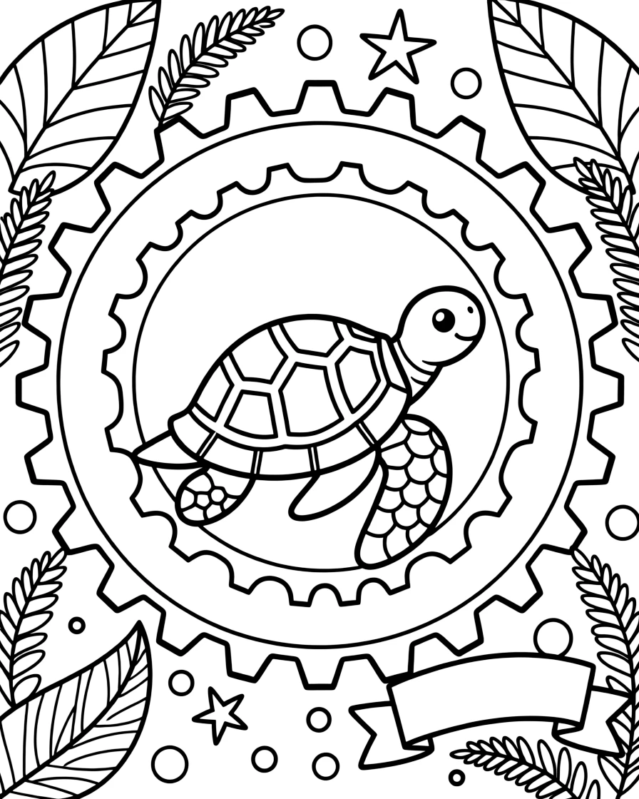Ocean Creatures: The page presents a small themed scene built around a gentle sea turtle with a patterned shell, tied together by a gear-wheel mandala with even notches around the rim. The scene is placed in the center of a small symmetrical scene, with matching background details balanced evenly on both sides. Decorative details fill the surrounding space, including layered leaf clusters, curling paisley teardrops, and curling fern-frond shapes woven throughout the background. A playful extra touch completes the page: a little blank banner tucked into the design, ready for a name to be added.