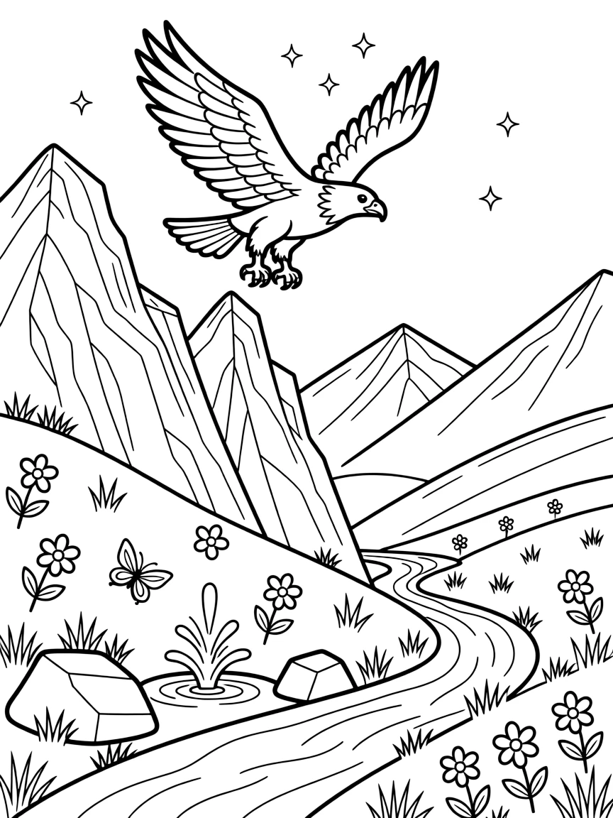 [Mountain Peaks] An eagle soars above jagged cliffs, wings spread wide against the towering mountain backdrop. Colorful alpine flowers dot the slopes as butterflies drift between patches of wild grass. Patches of wildflowers grow between boulders near a bubbling spring that feeds a mountain stream. Stars begin to appear above the peaks as the valley below settles into evening calm.