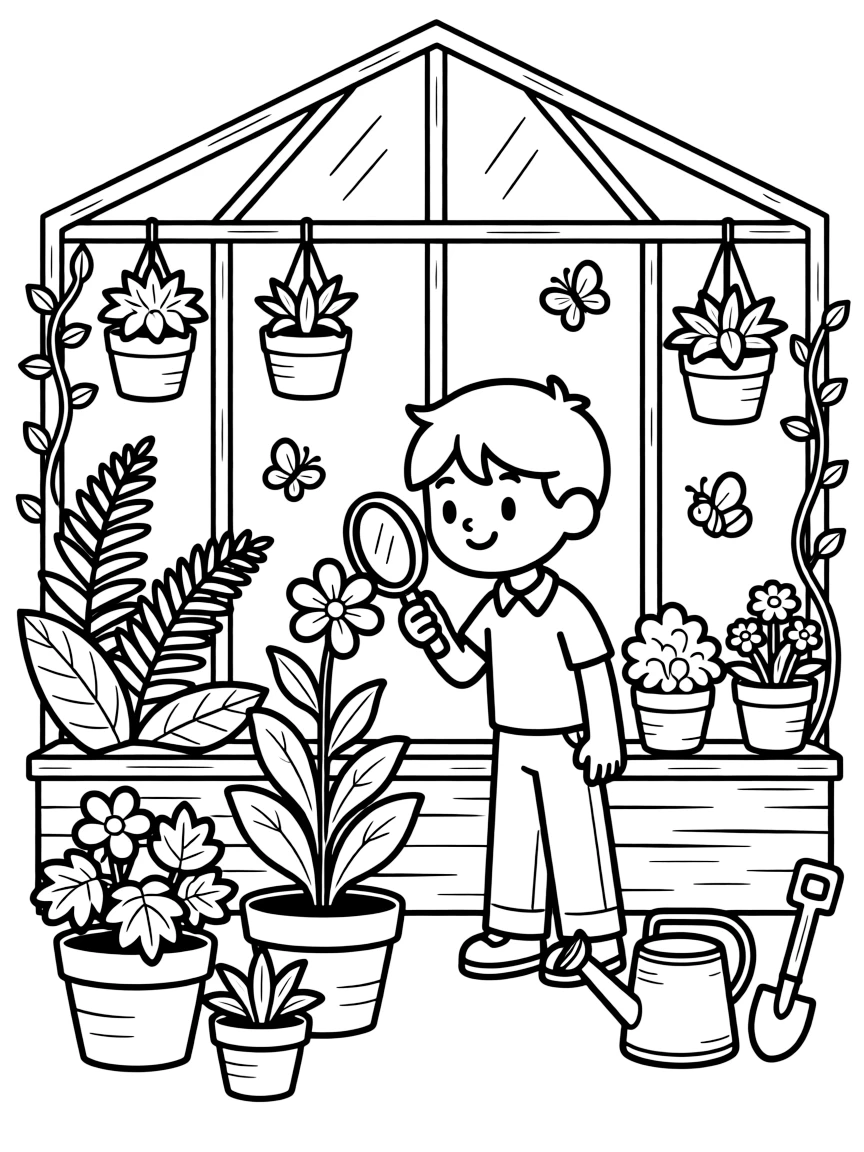 A botanist examines a rare flower with a magnifying glass inside a greenhouse full of plants.
