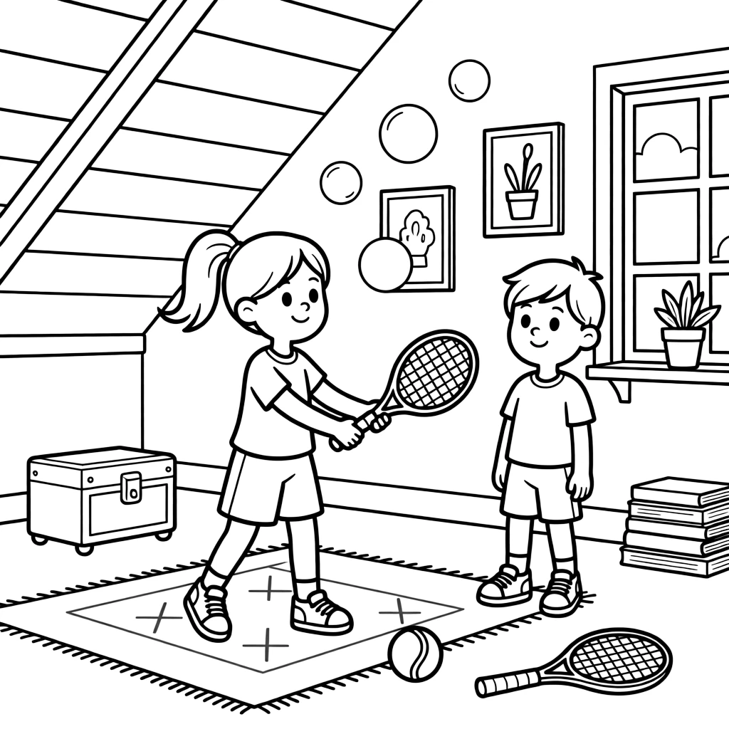 A quiet girl playing tennis with a neighbor kid in an attic playroom as soap bubbles float upward.