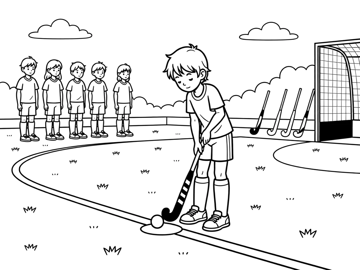 A shy new student, taking a penalty corner as teammates line up just outside the shooting circle.