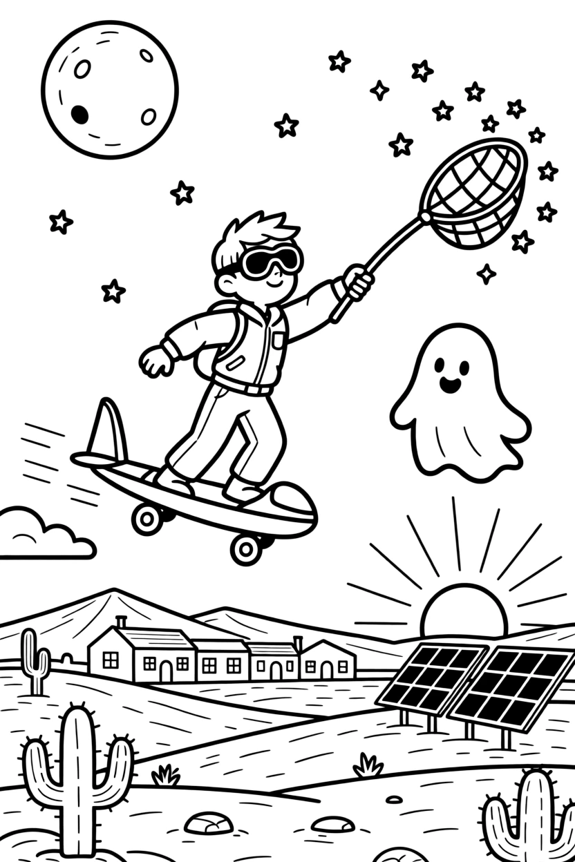 Pilot Cosmo zooming along on a glide-copter catching falling stardust in a giant net before it hits the city near a small frontier town on a dusty desert moon, surrounded by a friendly ghost-like hologram guide floating alongside and a row of solar panels catching the sunset.
