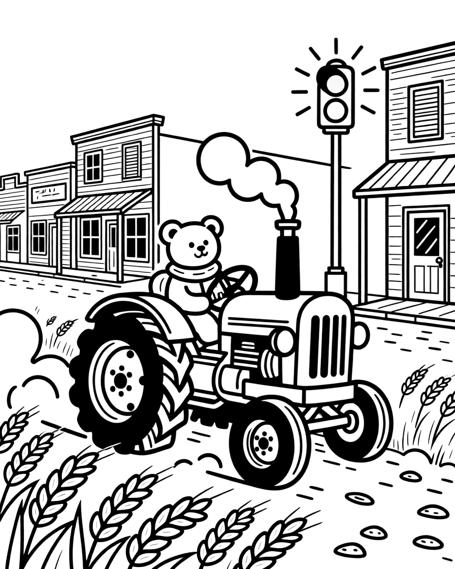 A steam-powered tractor chugging through a wheat field takes center stage in a dusty Wild West town with wooden storefronts, where a teddy bear buckled safely into the passenger seat can be seen nearby, surrounded by a signal light blinking cheerfully.