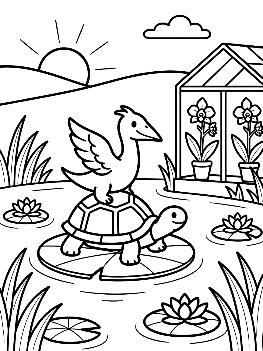 A pterodactyl on a lily pad in a quiet pond, riding on the back of a tortoise, next to a orchid greenhouse, as the sun sets in soft colors.