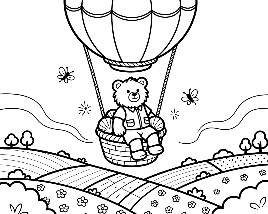 A fearless gummy bear adventurer takes a break from adventures to try collecting glowing seashells in a woven basket on a hot air balloon ride over a patchwork valley, with twinkling fireflies lighting up the path close behind. A gentle breeze carries the sound of joyful laughter.