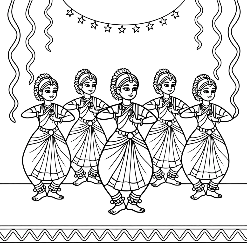 A coloring page of a lively performance in India featuring dancers performing classical Bharatanatyam with jingling ankle bells and expressive hands, decorated with ribbons, streamers, and twinkling string lights overhead.