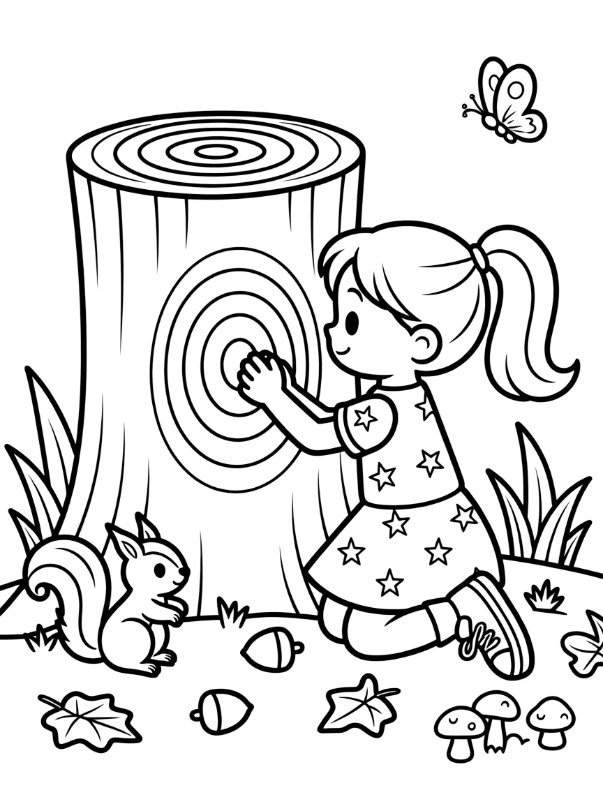 a proud little girl counts the rings inside a tree stump to guess how old the tree might be.
