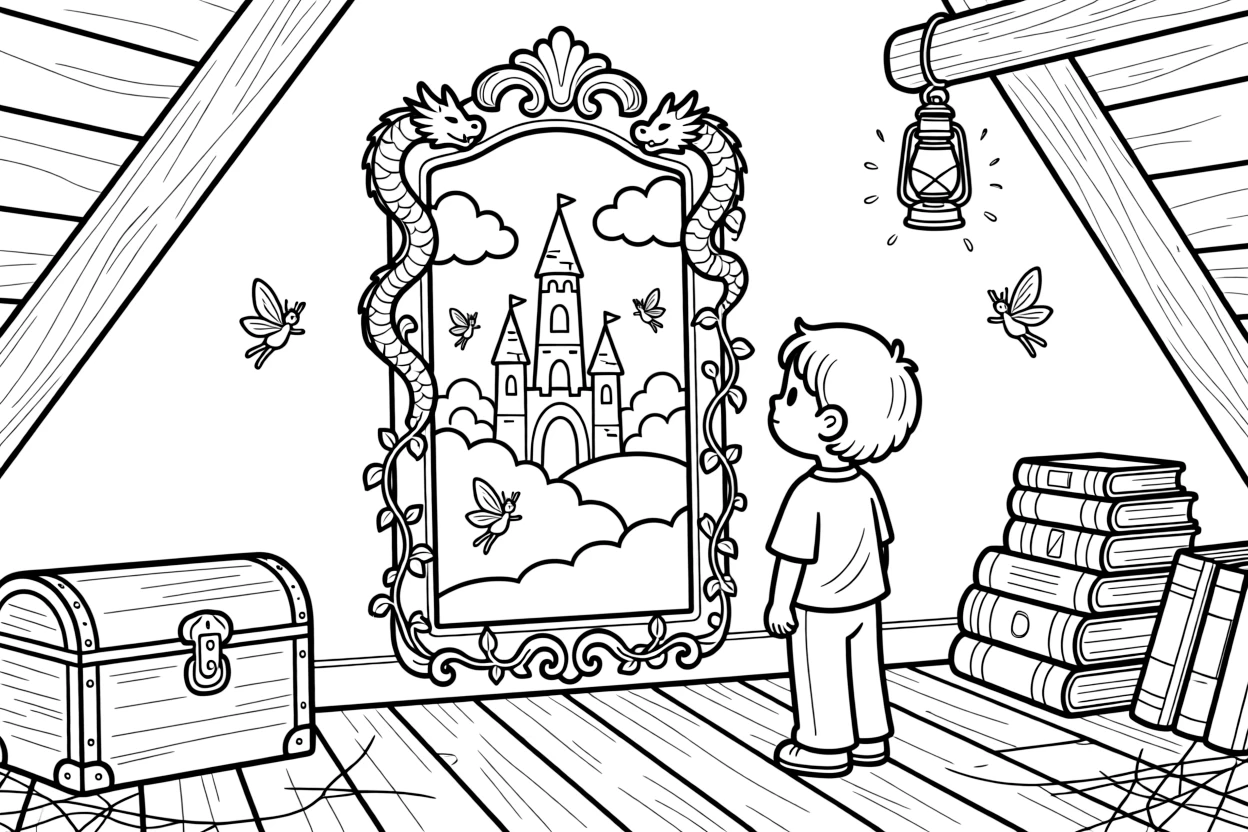 An enchanted mirror in a dusty attic shows glimpses of a magical kingdom, its ornate frame carved with sleeping dragons and climbing ivy.