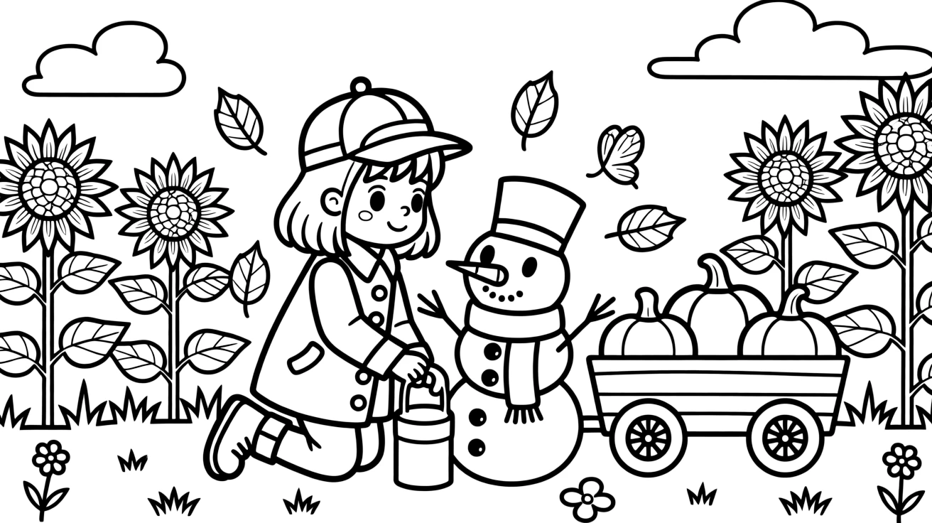 A girl detective with a magnifying glass is building a snowman complete with a carrot nose in a sunflower field at golden hour. swirling autumn leaves in every color and a wagon piled high with pumpkins make the scene feel magical.