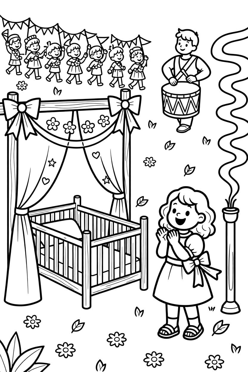 A decorated cradle swinging gently on a decorated stage set up for a community celebration, while a joyful little girl looks on nearby, incense curling into the air and a drummer leading a small procession completing the scene.
