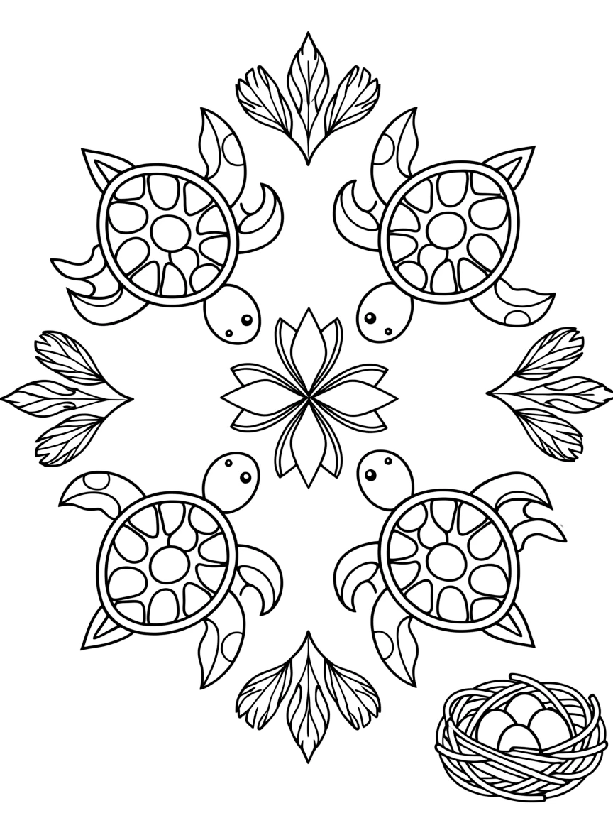 Ocean Creatures: The design turns a gentle sea turtle with a patterned shell into a kaleidoscope-style composition anchored by a set of perfectly matched concentric rings. The imagery is split into four mirrored quadrants that meet at the center, each quadrant a rotated echo of the next. Decorative details fill the surrounding space, including flame-shaped tips curling upward, nested triangle shapes, and fanned feather plumes woven throughout the background. A playful extra touch completes the page: a tiny nest holding three small eggs tucked into the pattern.