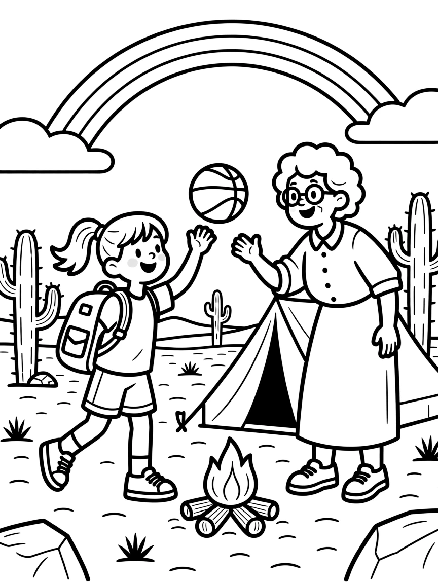 A girl with a backpack playing basketball with a great-grandmother at a desert campsite with a rainbow arching overhead.