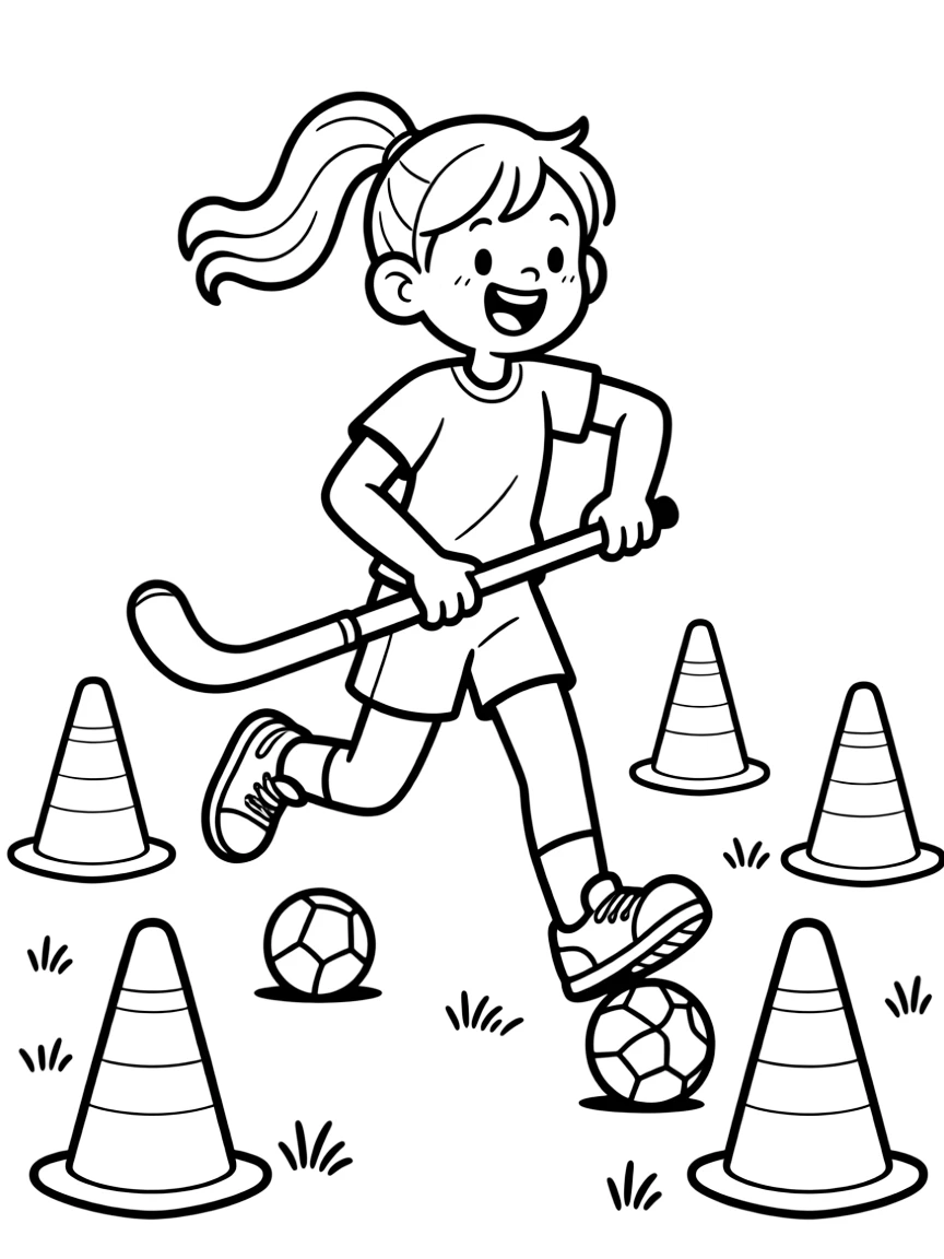 An energetic girl with a big smile, dribbling the ball with quick stick taps while weaving around orange practice cones.
