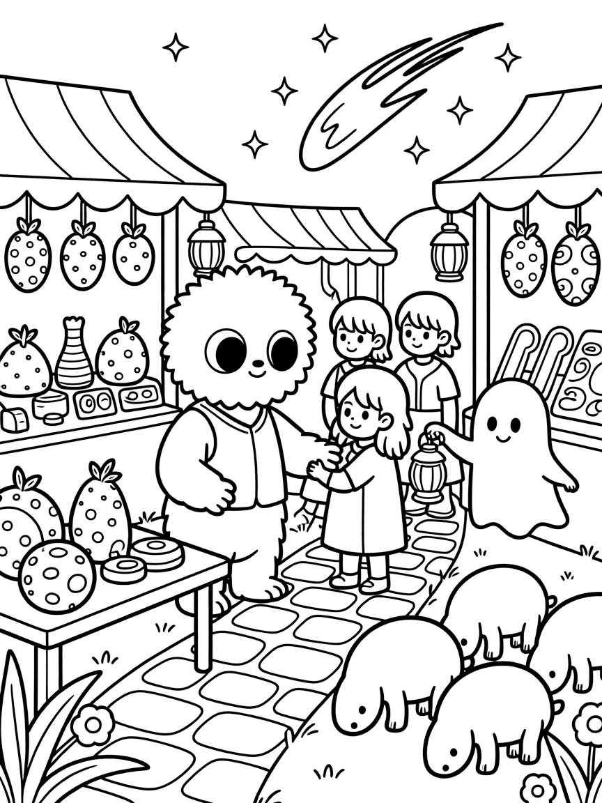 Grumbo, a fluffy alien creature with big round eyes helping villagers evacuate before a gentle meteor shower light show, in a colorful alien marketplace filled with strange fruits and gadgets, with a herd of gentle six-legged alien creatures grazing nearby and a friendly ghost-like hologram guide floating alongside nearby.
