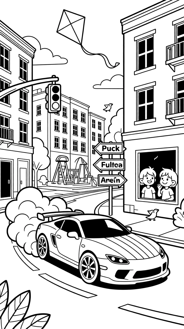 In this scene, a drift car spinning smoke trails around a track corner is the star of a bustling city street lined with tall buildings and traffic lights, joined by twin siblings pressing their faces to the window, with a kite dancing in the breeze above and road signs pointing toward fun destinations scattered throughout for kids to color.