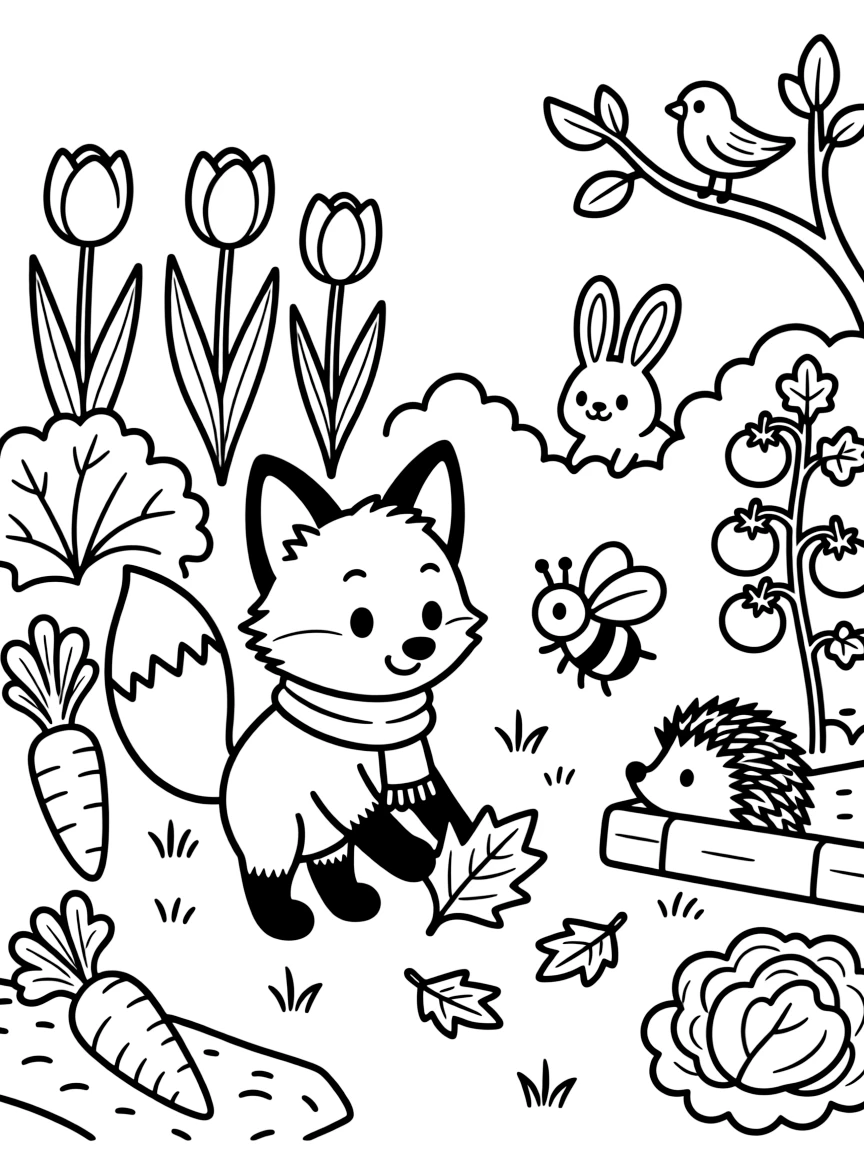 A tiny fox kit in a backyard vegetable garden, helping gather fallen leaves with a bumblebee, next to a bed of tulips, while baby animals peek out from the bushes.