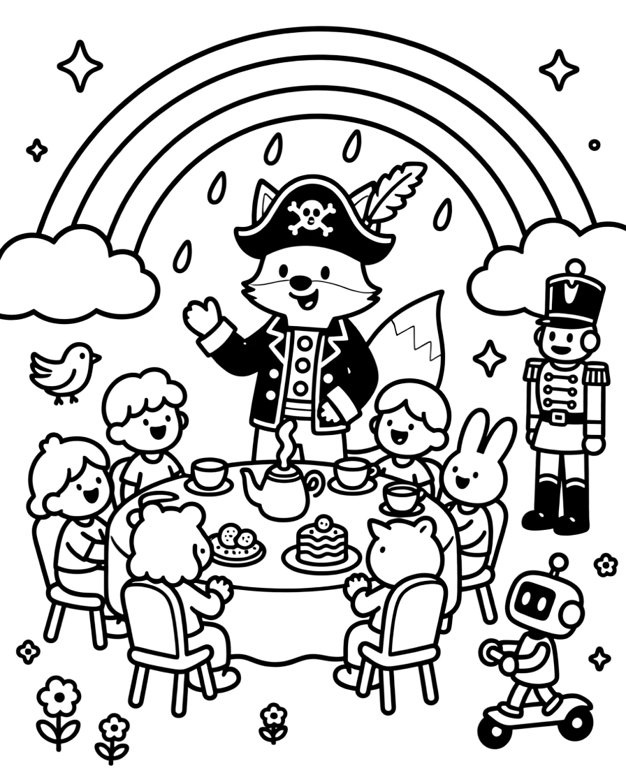 On top of a rainbow after a summer rainstorm, a chirpy fox pirate captain is busy hosting a tea party for a dozen new friends, cheered on by a wind-up toy soldier standing at attention and a tiny robot rolling along on training wheels. Everyone is laughing and having the best time.