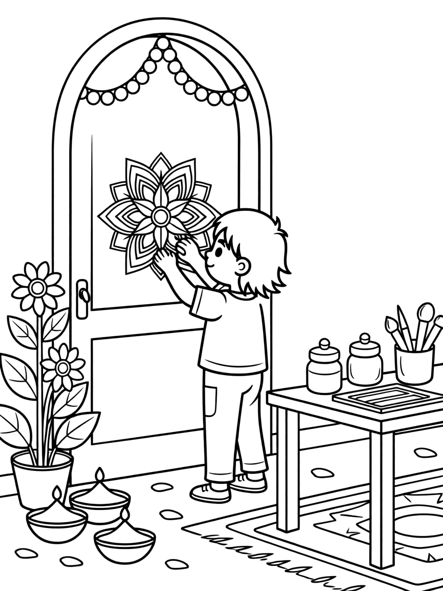 A coloring page of a child decorating a doorway with a colorful rangoli pattern made of powder in India, shown step by step with helpful hands and a workshop table full of materials.