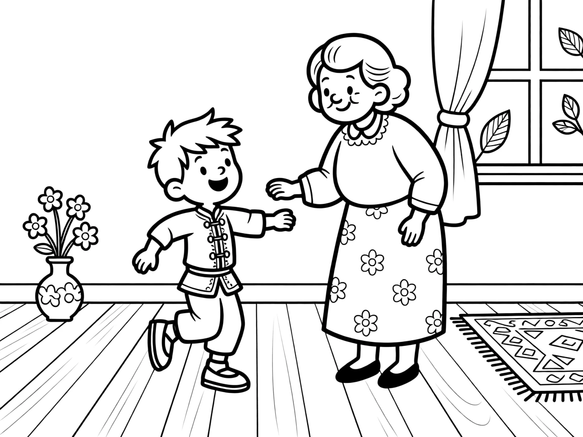a mischievous young boy wears traditional dance shoes while learning steps from a visiting grandmother.