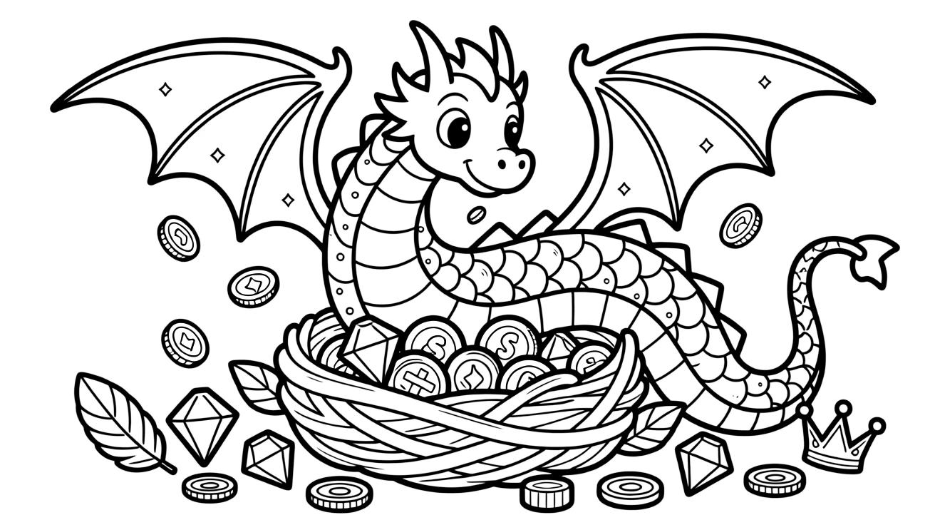 A dragon curls protectively around a hoard of treasure shaped like a giant nest, its scales glittering as tiny gold coins spill from beneath its wings.