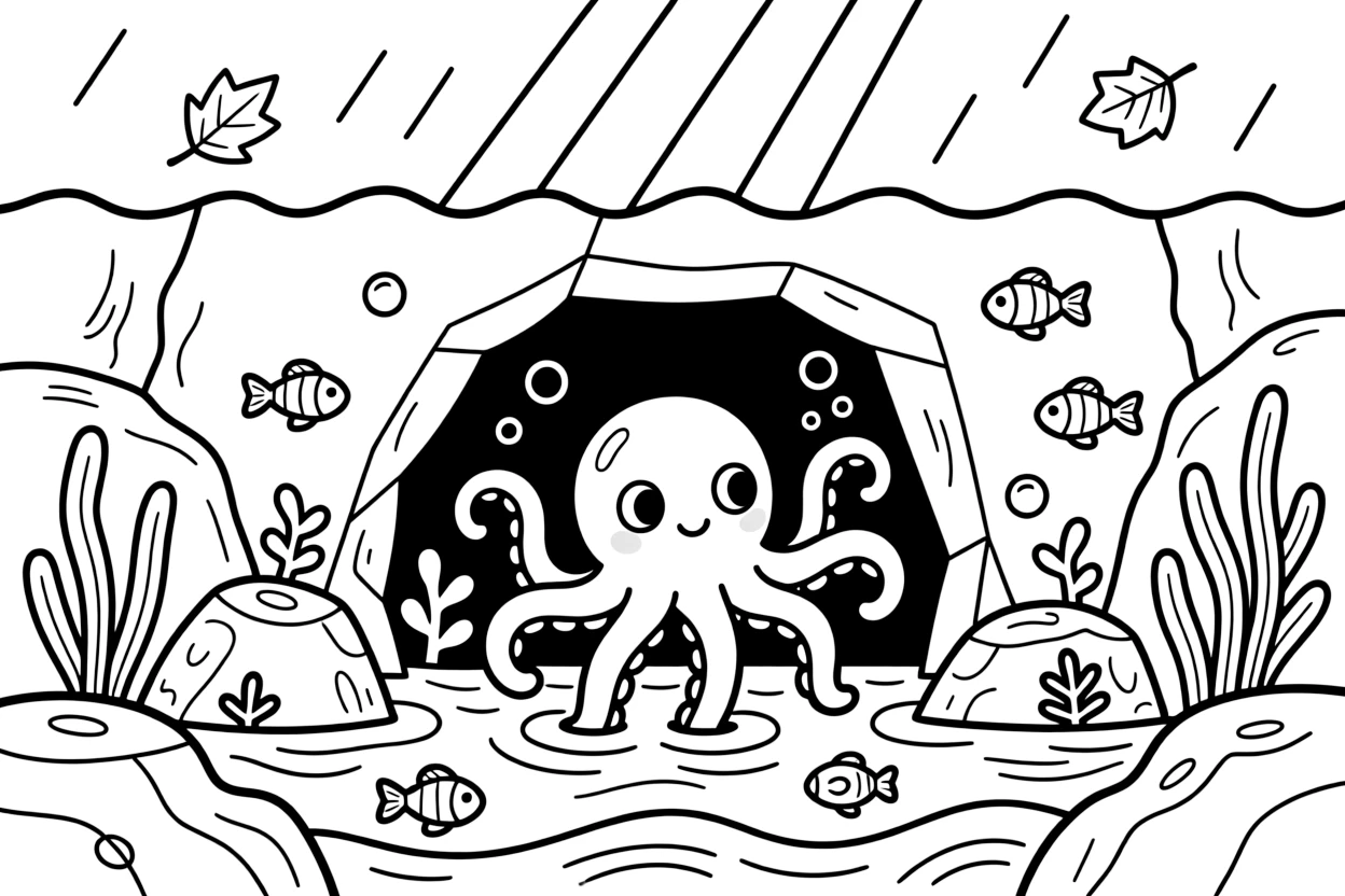 [Sea Creatures] A dynamic scene shows a curious octopus exploring a cave beneath the waves around a rocky underwater cliff, wide-eyed with wonder. Close by, rays of sunlight filter down through the water. Light beams filter down from the surface above. The moment unfolds just after a rainstorm, with autumn leaves swirling in the wind, filled with energetic detail perfect for a young colorist.