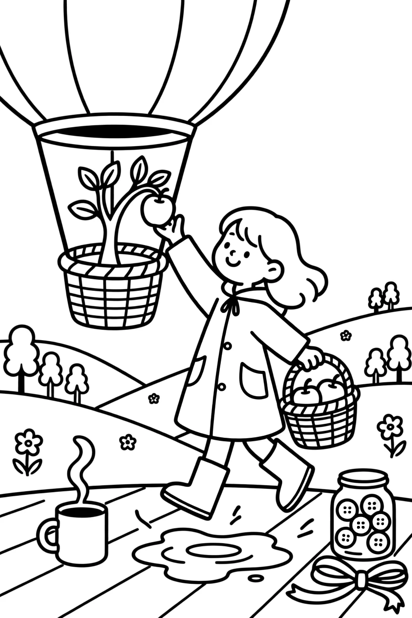 A girl in a yellow raincoat jumping in puddles is picking ripe apples and filling a woven basket aboard a hot air balloon drifting over rolling hills. Close by, a curling wisp of steam from a warm mug and a jar of colorful buttons and ribbons round out the happy picture.
