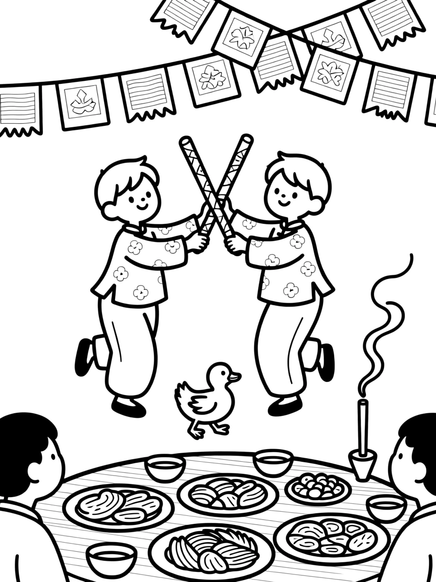 Two dancers clacking decorated sticks together at a family gathering around a table full of special dishes, alongside a waddling duckling and strings of fluttering prayer flags, with incense curling into the air close by.