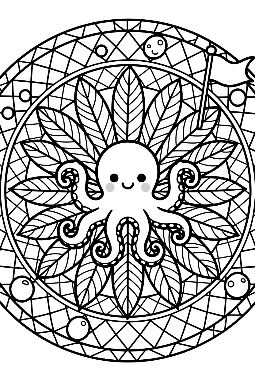 Ocean Creatures: The main subject is a curious octopus with eight curling arms, drawn as the focal point of a feather-ring mandala with plumes fanning outward. It is placed at the very center of the page, with the surrounding rings growing larger and more detailed toward the outer edge. Decorative details fill the surrounding space, including rows of small square tiles, a grid of lattice diamonds, and clusters of round bubbles woven throughout the background. A playful extra touch completes the page: a small flag on a stick poking out from one side of the pattern.