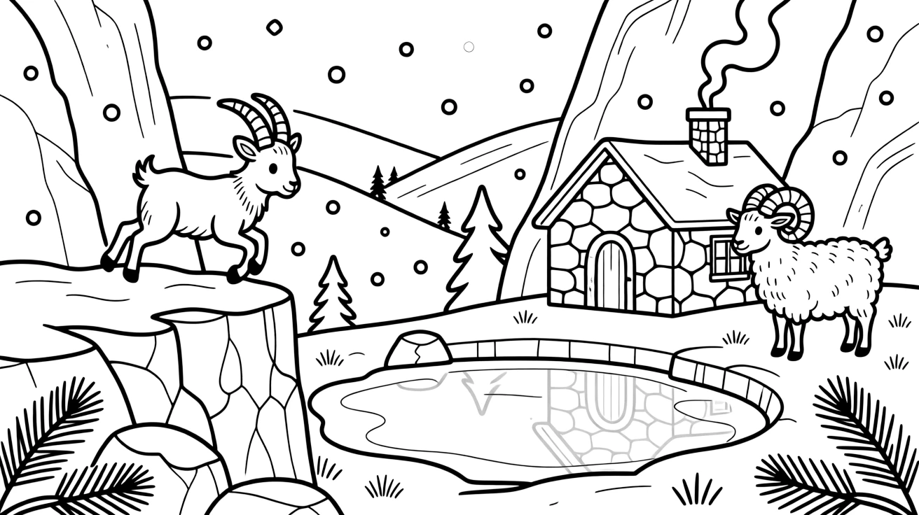 [Mountain Peaks] A young mountain goat leaps confidently across a rocky ledge high above a green valley. A pair of mountain sheep with curled horns stand on a narrow ledge overlooking a deep valley. A cozy stone cabin with a curling chimney sits tucked between two rocky cliffs near a frozen pond. Fresh snowflakes drift down over the mountainside, dusting the rocks and pine branches.