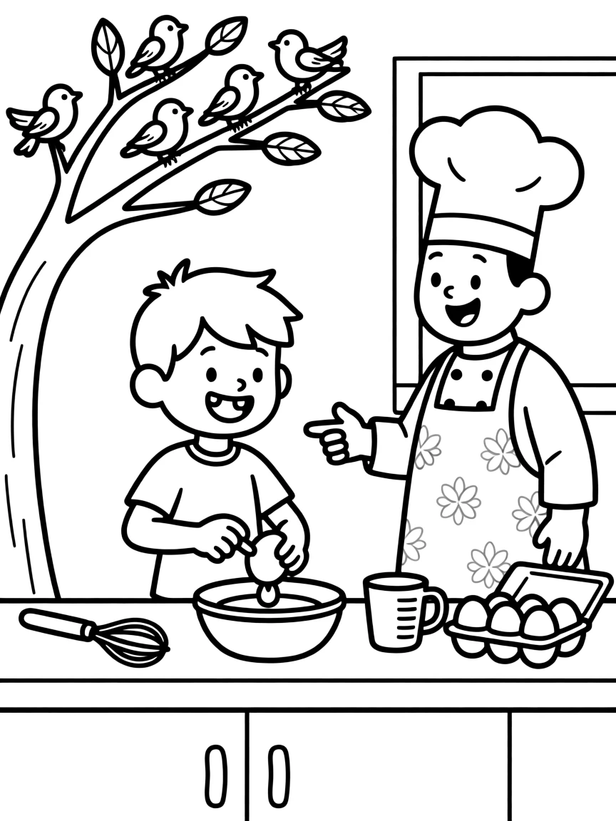 A boy with a missing front tooth learning to crack an egg with a chef as birds chirp in a nearby tree.