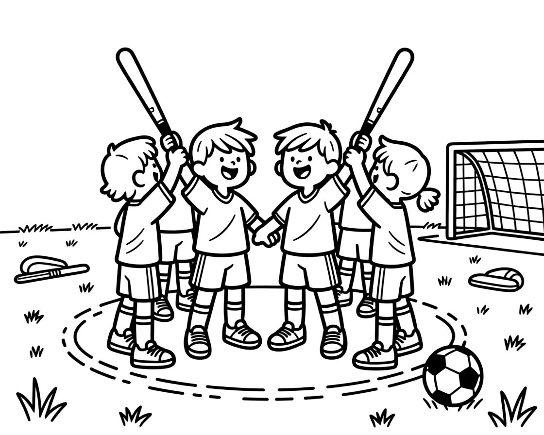 A pair of twin siblings, celebrating a goal with teammates raising sticks together in a circle on the field.