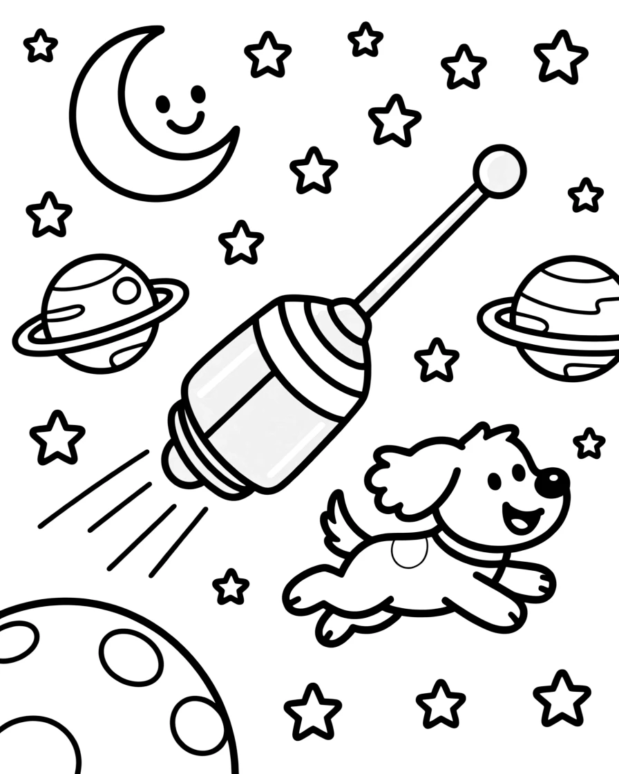 A comet-chasing probe with long silver antennas is shown journeying through outer space, dotted with twinkling stars and colorful planets, with a friendly dog with its ears flapping in the wind close by and twinkling stars and a smiling crescent moon above completing the lively scene.
