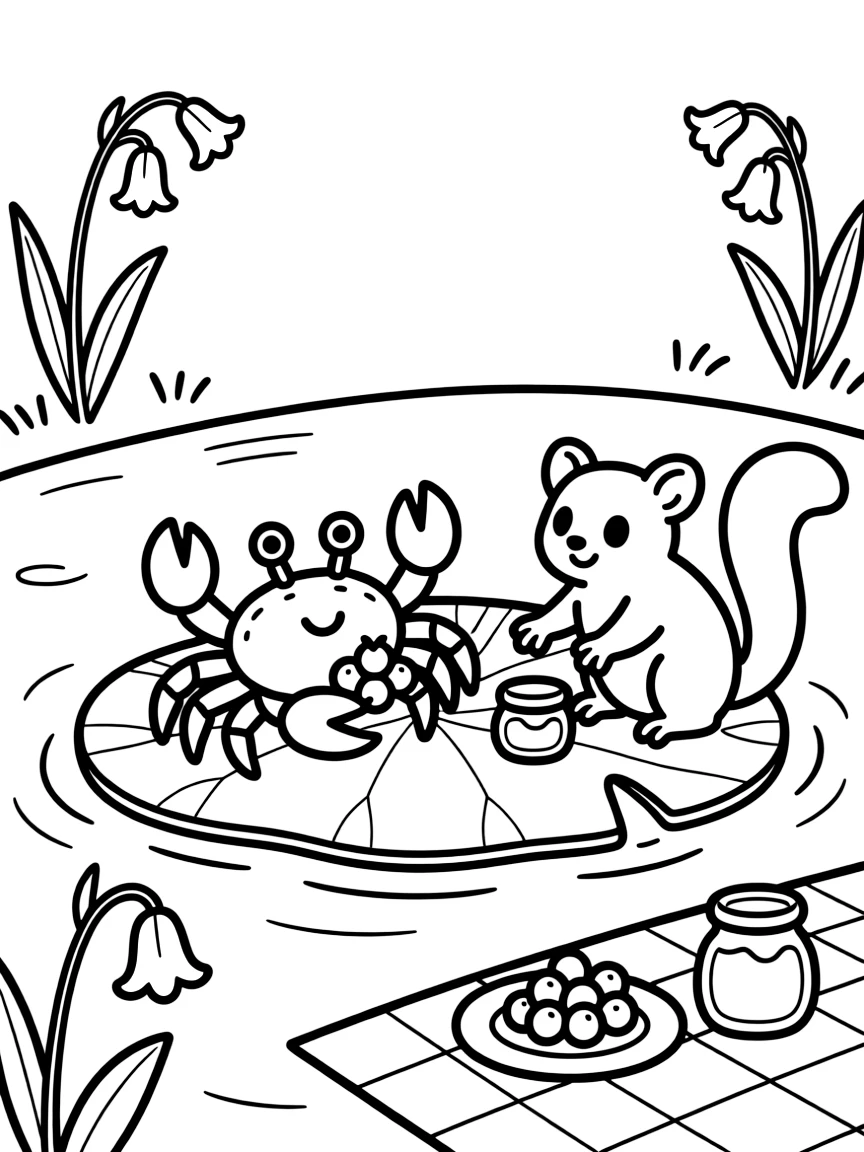 A crab on a lily pad in a quiet pond, sharing a picnic of berries and honey with a sugar glider, next to a bluebell woodland.