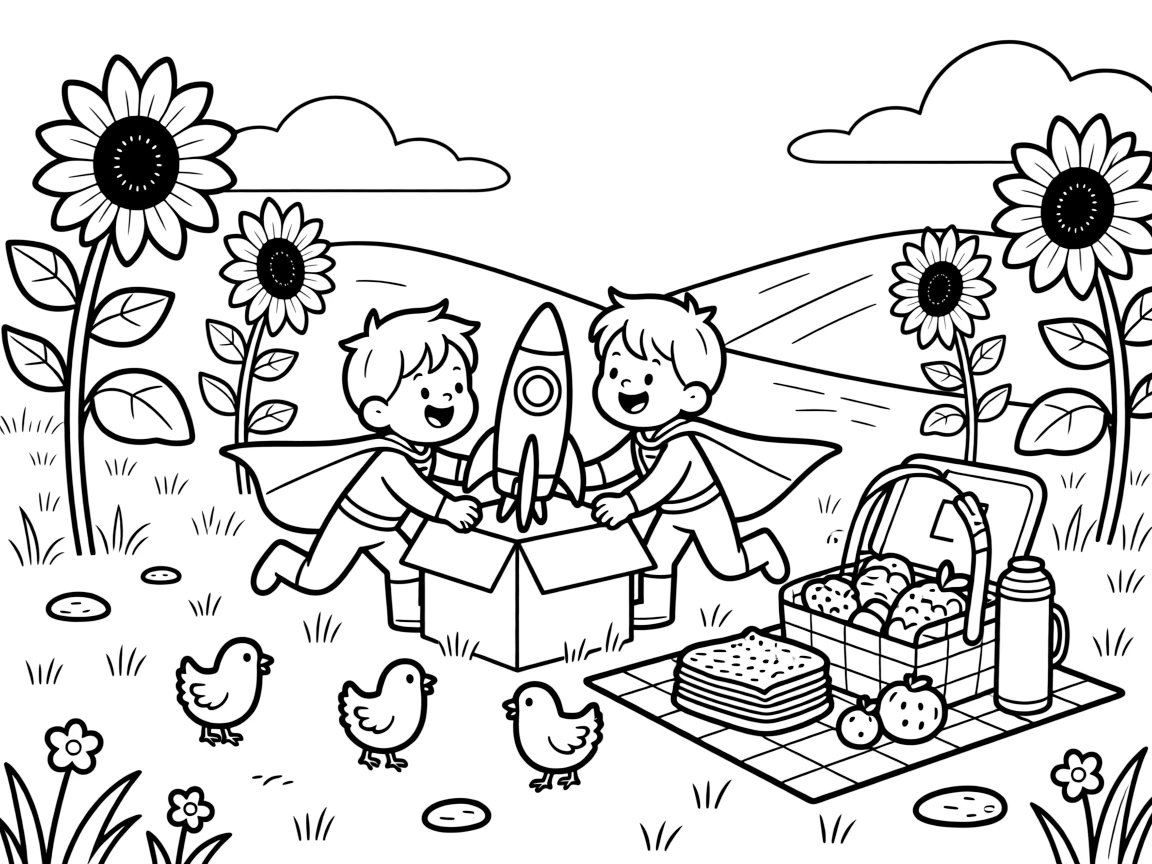 In a meadow bursting with giant sunflowers, a speedy toddler superhero twins is busy building a rocket out of cardboard boxes, cheered on by a picnic basket overflowing with treats and a trio of giggling baby chicks. Giggles echo happily through the whole valley.