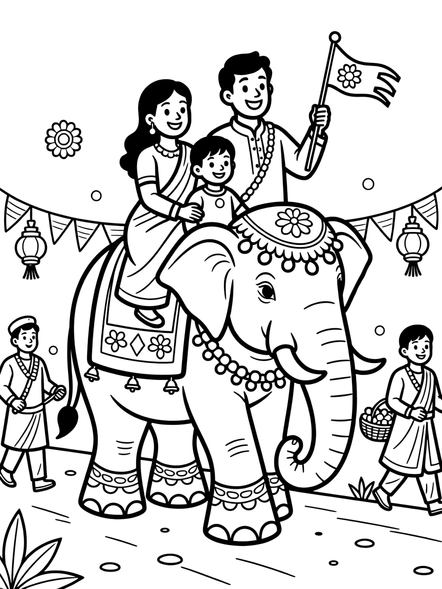 A coloring page of a heartwarming family scene in India showing a family riding a decorated elephant during a village festival procession, with everyone smiling and working together happily.