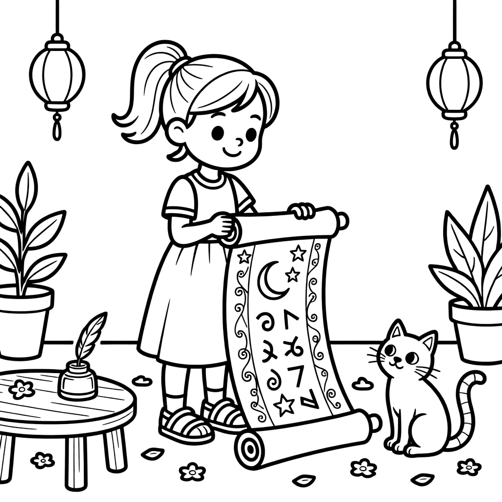 a cheerful young girl unrolls an ancient-looking scroll covered in mysterious symbols.