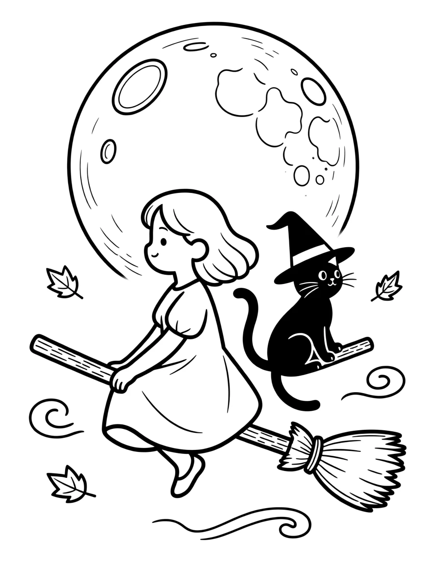 A witch's black cat wears a tiny wizard hat and rides on a broomstick alongside its owner, both silhouetted against a giant harvest moon.