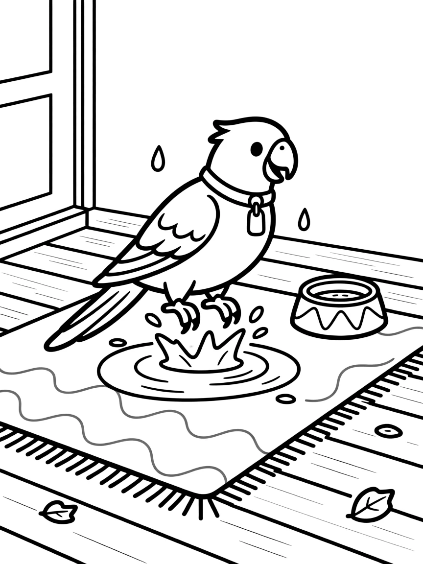 [Pets] A dynamic scene shows a cheerful parrot splashing in a puddle on a soft porch rug, concentrating hard with a focused expression. Close by, a food bowl sits close by. A collar with a small tag completes the look. The moment unfolds during a bright summer day, with a light drizzle just ending, filled with energetic detail perfect for a young colorist.