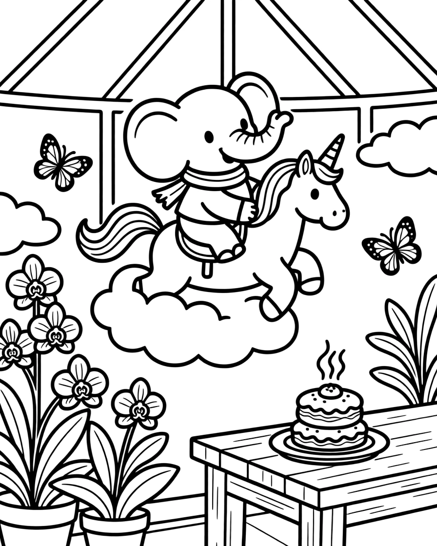 A baby elephant with big flapping ears is flying through fluffy clouds on a friendly unicorn inside a greenhouse conservatory filled with orchids. Close by, a stack of freshly baked pastries and fluttering butterflies drifting nearby make the setting feel extra special.